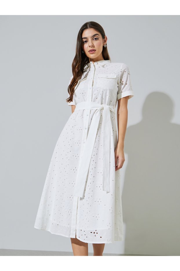 Schiffli Short Sleeve Shirt Midi Dress With Belt Detail