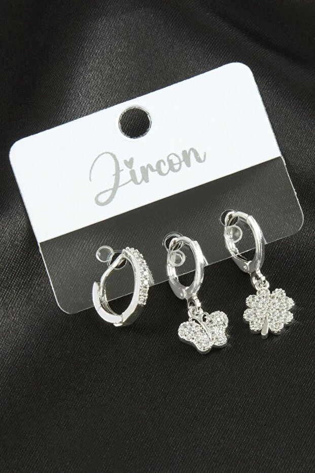 Ilkestor 3 Pieces Clover Zircon Stone (145643) Earrings-Silver Color