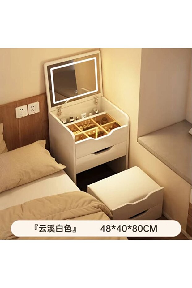 Bedroom Vanity Dressing Table with LED Mirror, 60x40x82 cm, White, mix | Flip-Top Storage, Built-in Organiser, LED Lit Mirror, Includes Stool, Space-Saving Design