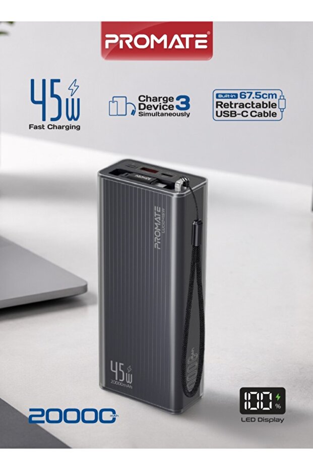 Lucid-45W 20000mAh Power Bank with Retractable USB-C Cable (Black) | Charges 3 Devices, LED Battery Display, QC 3.0 USB-A Output, Built-in Lanyard for iPhone, Galaxy, iPad & more