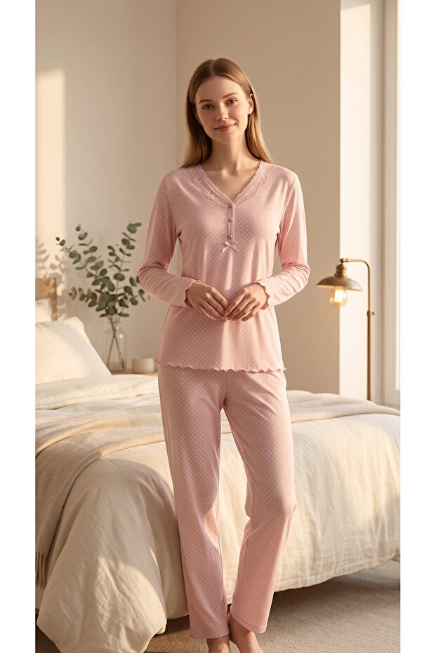 Bamboo Fabric Long Sleeve Ruffle and Bow Detailed Polka Dot Pajama Set 22035-22036