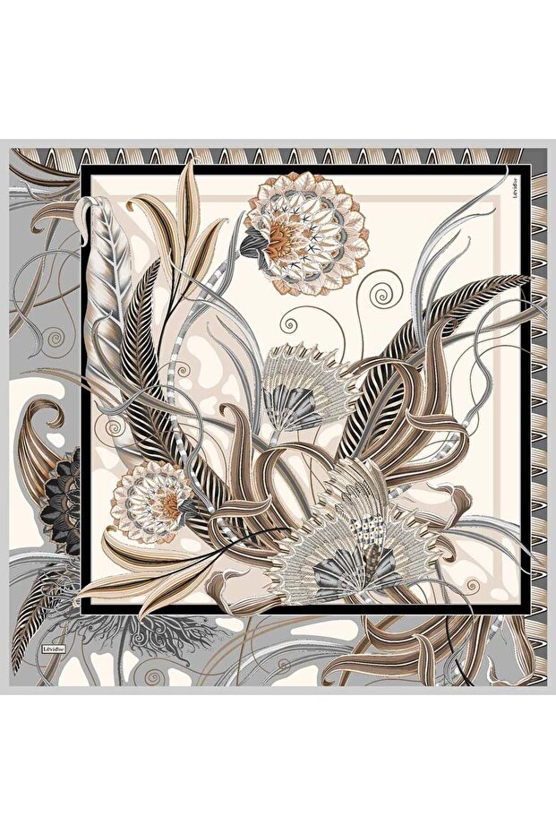 Gray Ivy Detailed Twill Silk Scarf