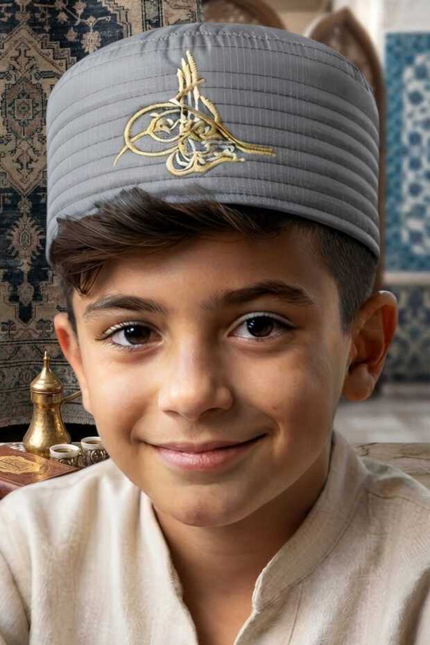 Boy's Tuğra Embroidered Luxury Embroidered Ottoman Prayer Cap