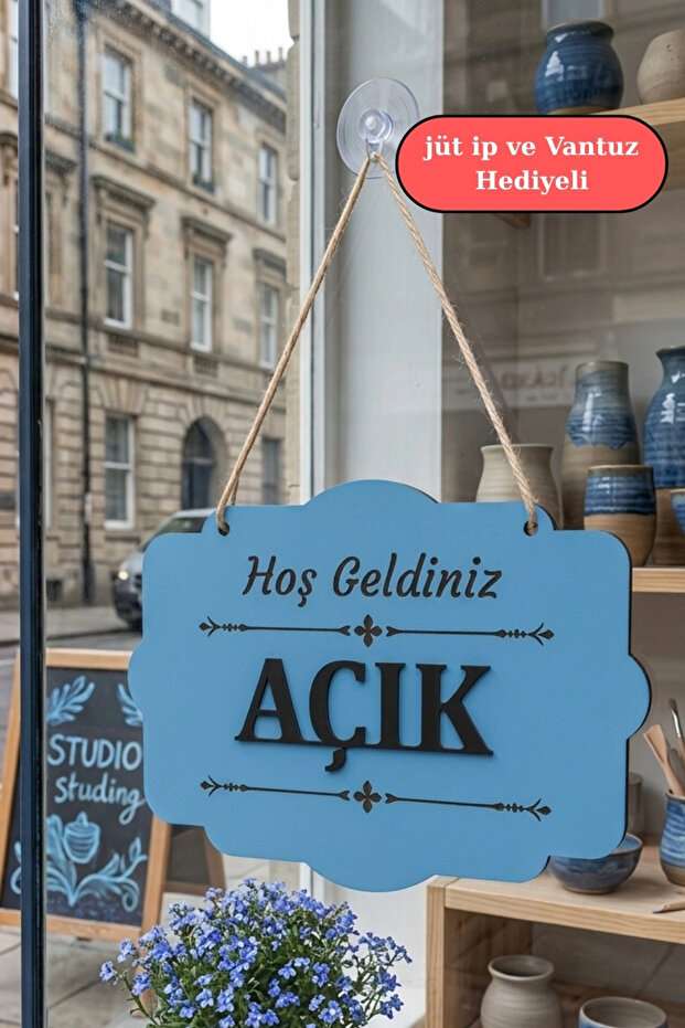 Double Sided Mdfwood Shop & Store Door Direction Sign - Blue