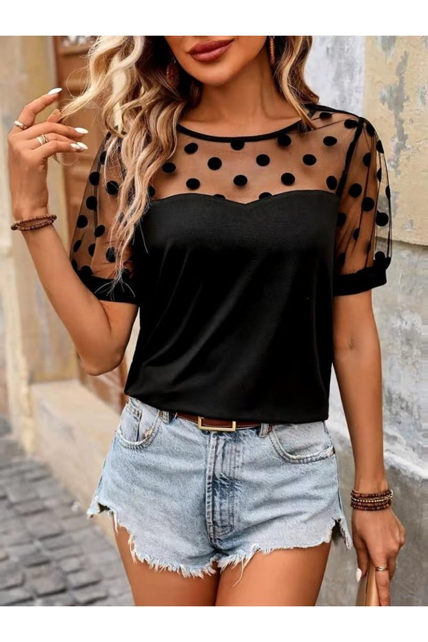 Women's Short Sleeve Crew Neck Sleeves Polka Dot Viscose Blouse 62322