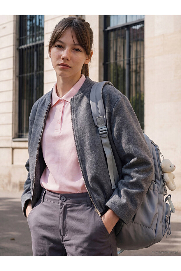 Gray College Collar Girls' Cashmere Jacket