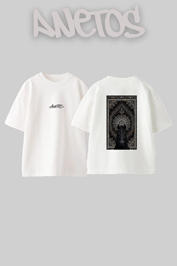Black Horse Carpet Design Back Printed Cotton White Oversize T-Shirt