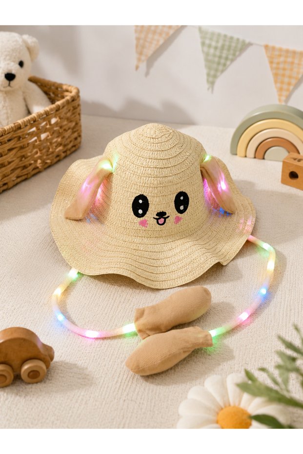 Cute Rabbit Ears Kids Straw Hat with Led Lights – Colorful Light-Up Summer Sun Hat