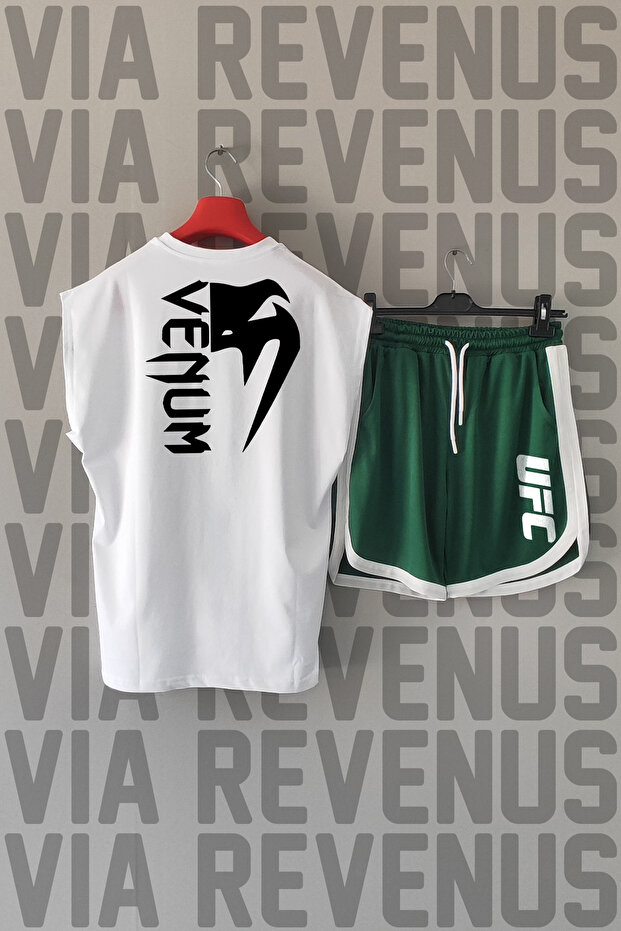 Ufc Front and Back Printed Zero Sleeve Crew Neck White Sports Tshirt and Red Sports Shorts Set