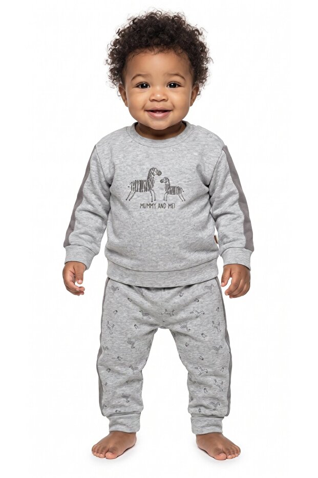 Zebra Patterned Top and Bottom Baby Set, 70% Organic Cotton, 2 Yarns, Unisex, Sweatshirt and Pants Set, Gray