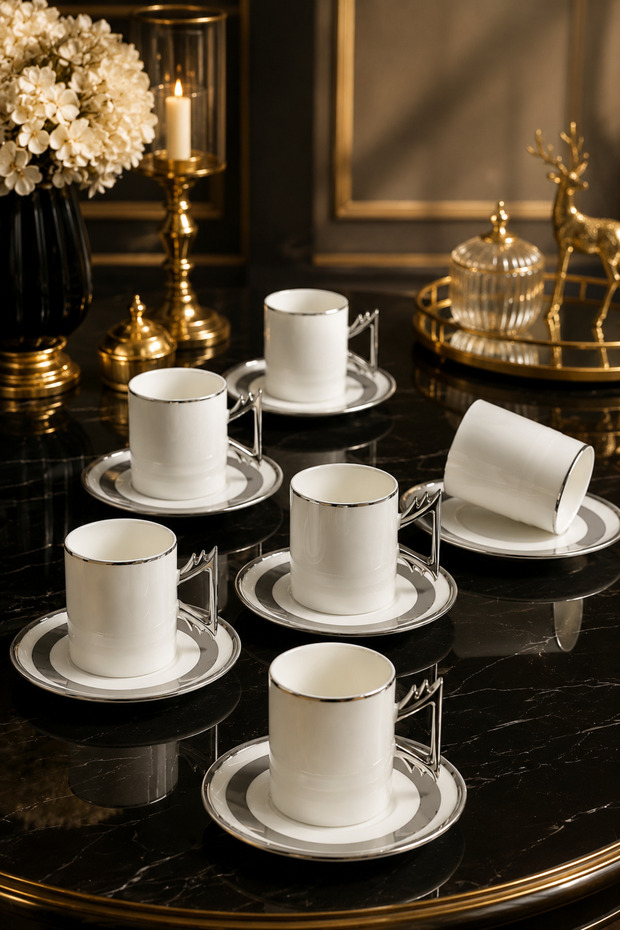 Acar 6-Person Luxury Porcelain Silver Gilded Coffee Cup Set 100ml