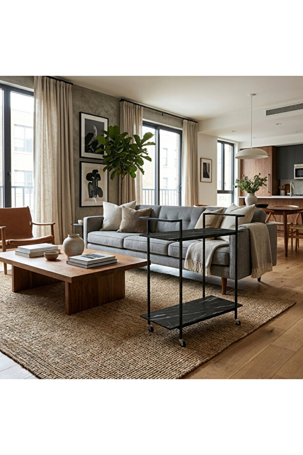 عربة تقديم متعددة الاستخدامات بعجل مع رفين وإطار معدني – أسود رخامي
