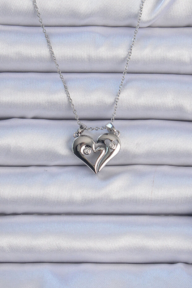 316L Steel Chain Silver Color Zircon Stone Magnet Heart Necklace