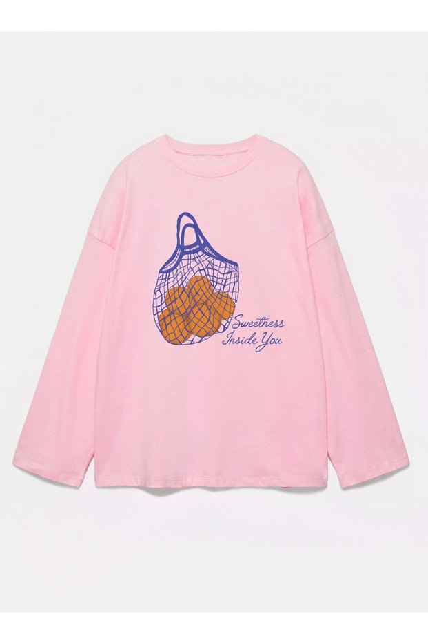 100% Cotton Oversize Sweetness Printed - Crew Neck Long Sleeve T-Shirt
