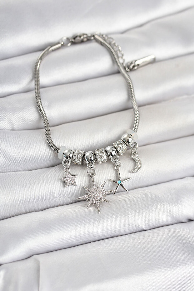 Brass Silver Color Pole Star Detailed Charm Women's Bracelet