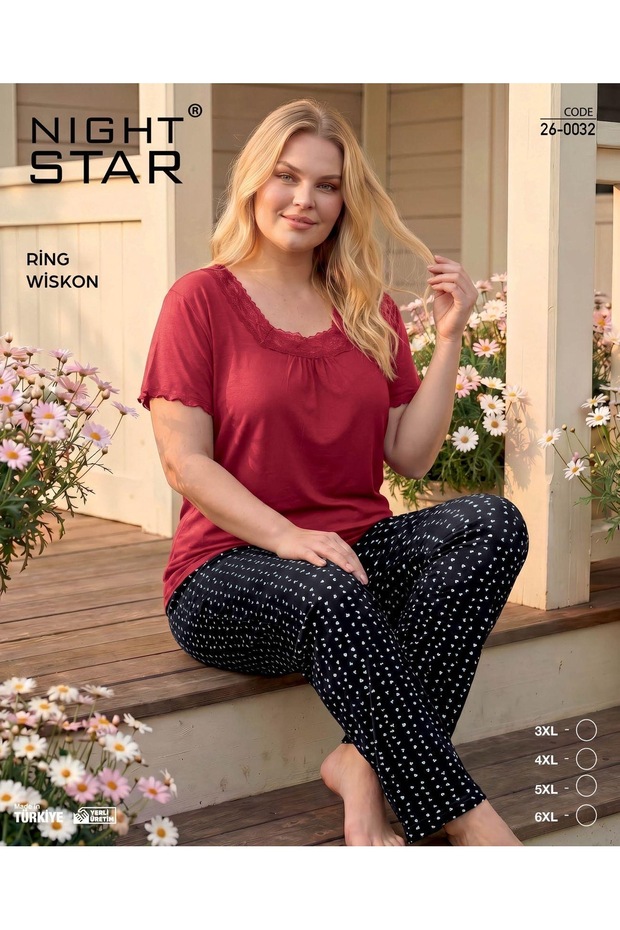 Angel Heart Patterned Claret Red Ring Viscose Plus Size Pajama Set