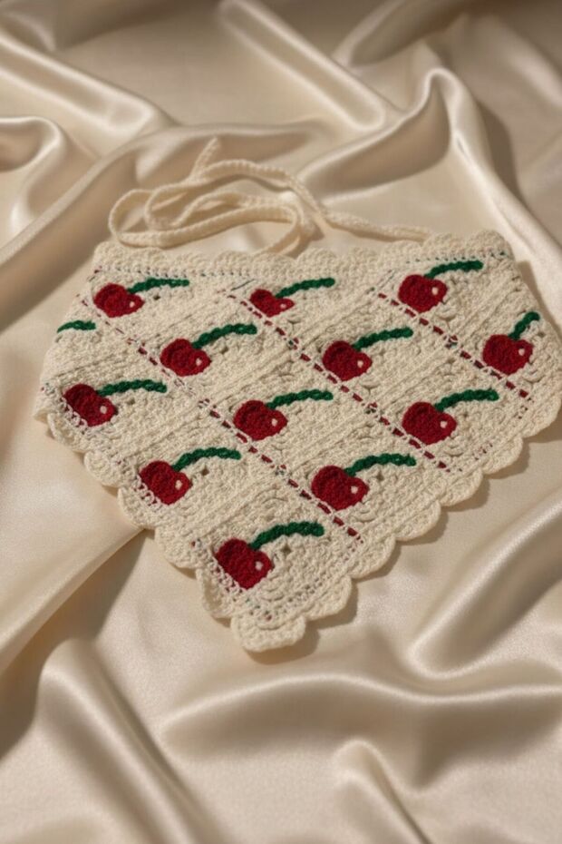 Cherry Motif Tied Bandana, Knitted Summer Hair Bandana for Beach Daily Use