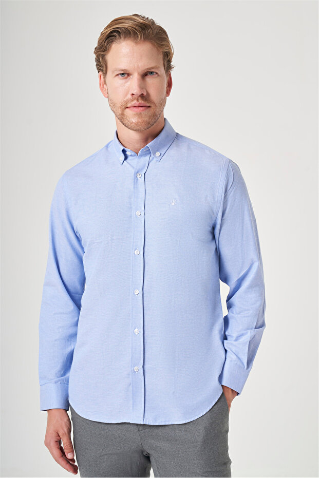 Blue Buttoned Collar Oxford Slim Fit Cotton Shirt 1004265124