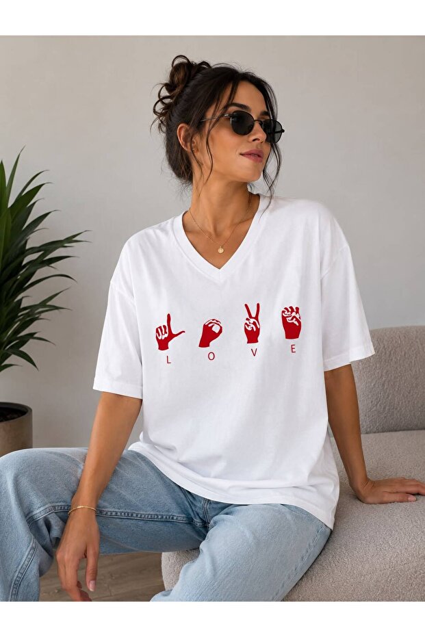 White V-Neck Oversize Cotton Love Printed Relaxed Fit Unisex T-Shirt