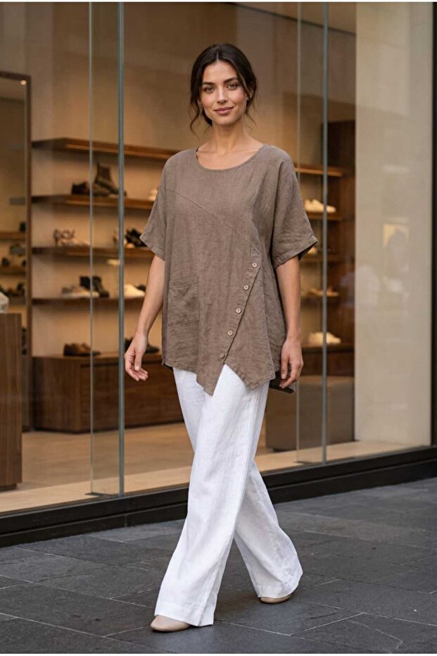 Women's Beige Oversize Casual Bohemian Blouse with Asymmetrical Cut and Single Pocket