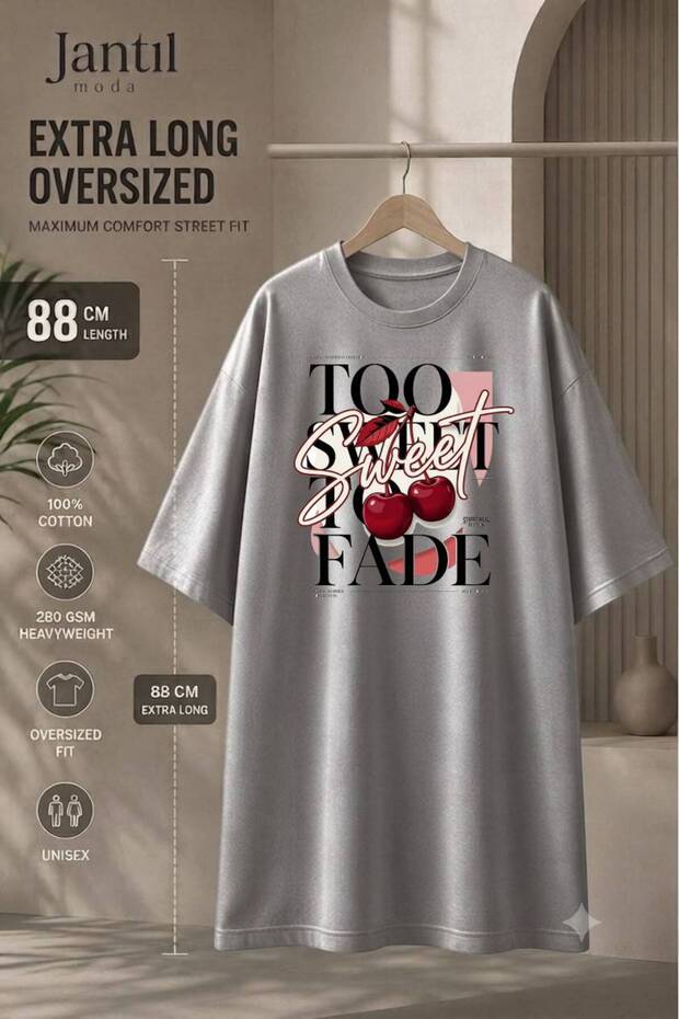 Crew Neck Cherry Too Sweet to Fade Written Extra Long Oversize Tunic T-Shirt Short Sleeve