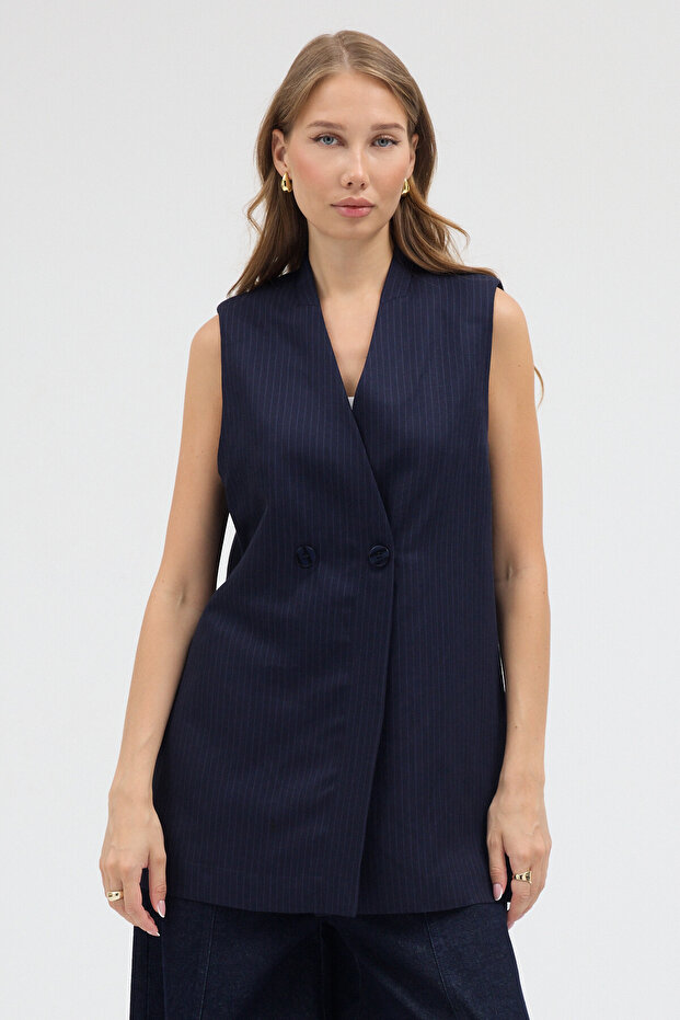 Modern Fit Linen Striped Casual Vest with Double Breasted Closure # Yl26011