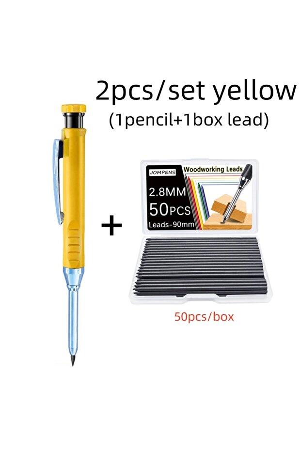 yellow set 2.8mm Solid Carpenter Pencil Set, 1Pencil+1box of 50Lead, Deep Hole Woodworking Mechanica