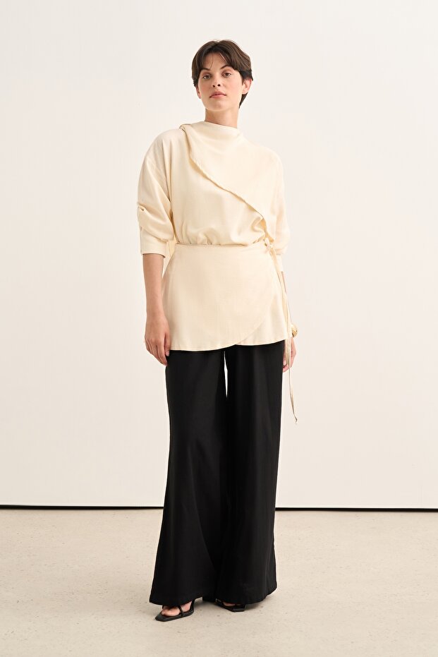 Women's Organic Cotton Shawl Collar Mobile Belt Skirted Blouse Beige