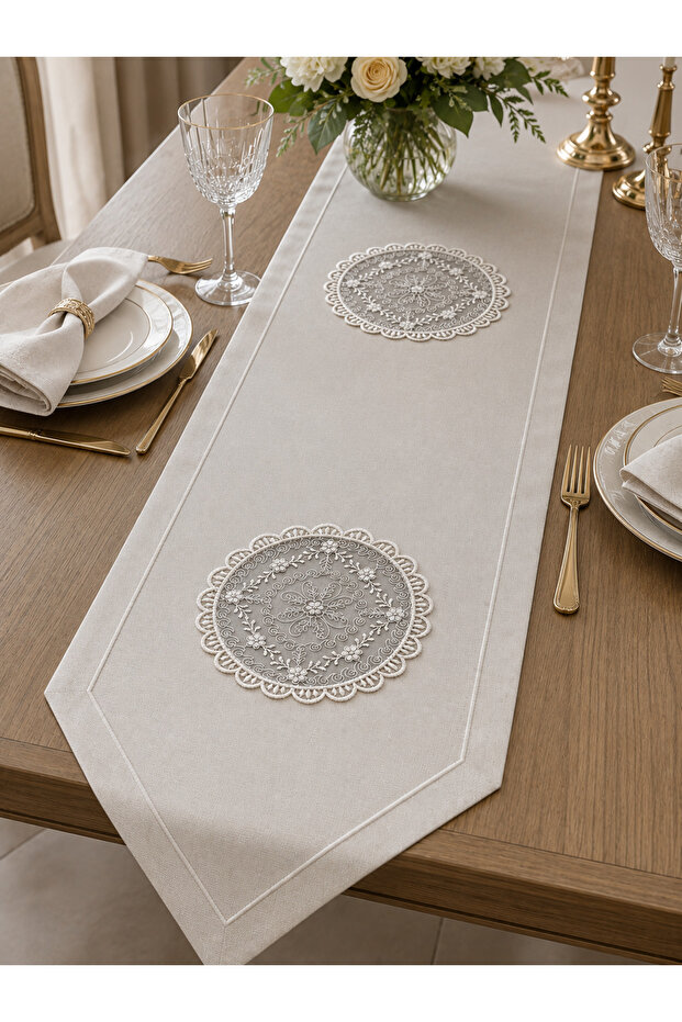 Lace Embroidered Dowry Box Cream Runner | Linen Look Piko Embroidered Living Room and Dining Table Runner
