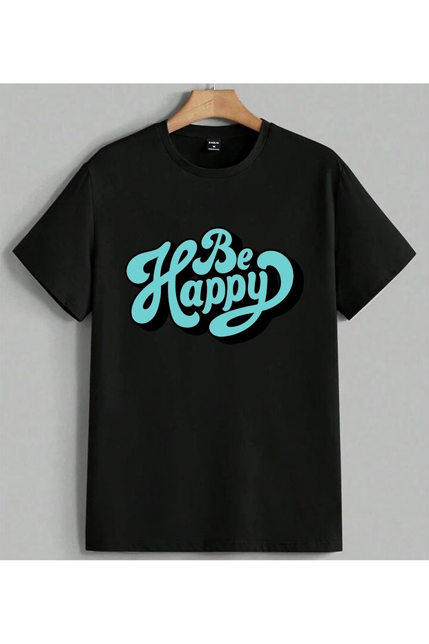 Be Happy Blue Text Vintage Printed Unisex Oversize T-Shirt Black