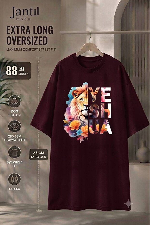 Crew Neck Lion and Flower Composition Yeshua Written Extra Long Oversize Tunic T-Shirt Short Sleeve