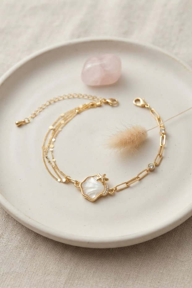 Gold Color Brass Paperclip and Puntiagued Chain Sea Shell Model Women's Bracelet Tj-Bb8844