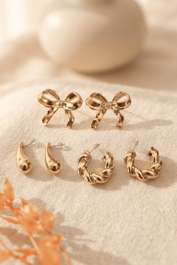 Gold Color Bow, Drop, and Hoop Model Multiple Earring Set