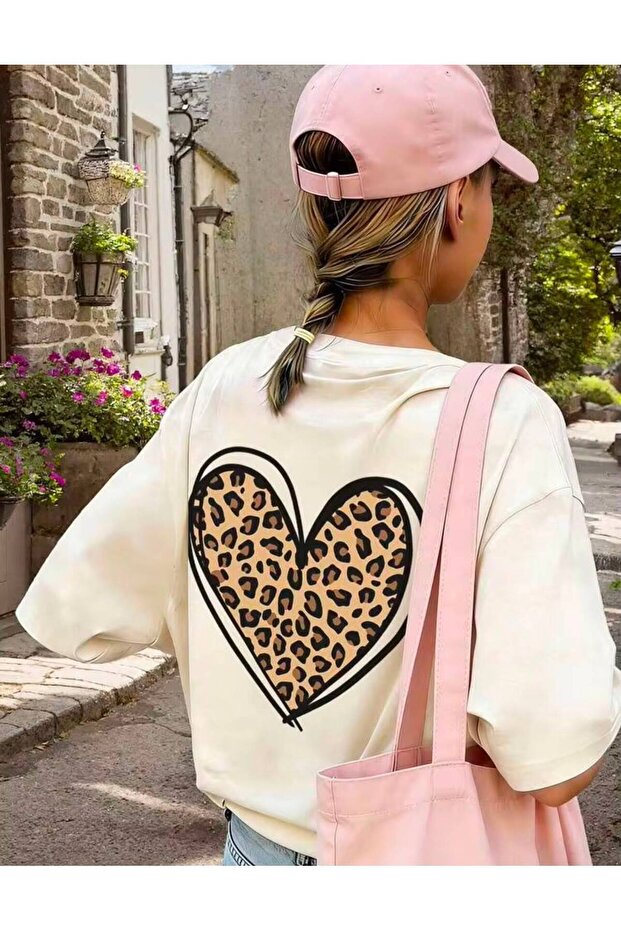 Girl's Back and Front Leopard Heart Printed Crew Neck Beige T-Shirt