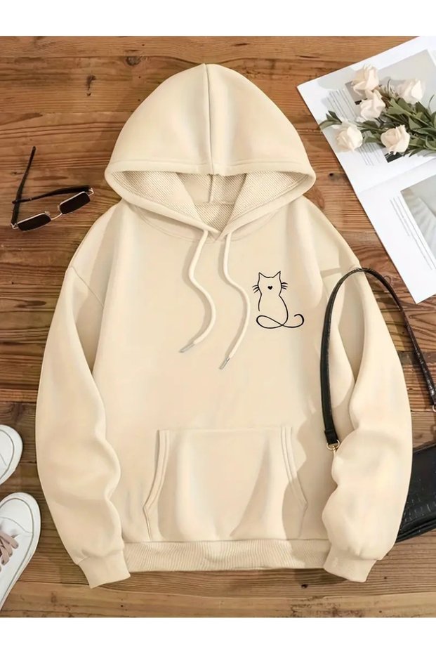 Women's Beige Figure Cat Printed 3 Thread Hooded Hoodie Sweatshirt