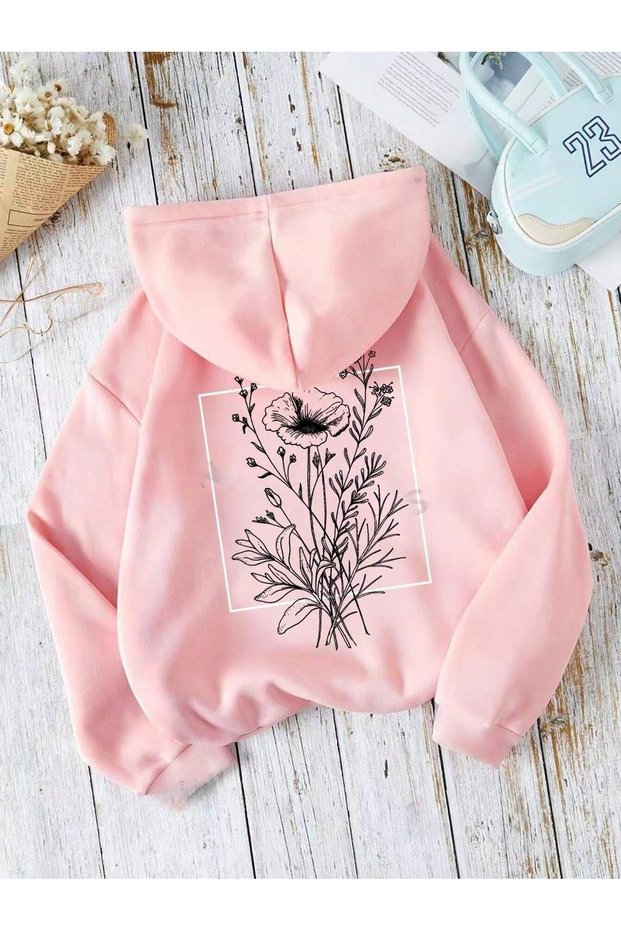 Unisex Pink Square Floral Printed 3 Thread Hooded Hoodie Sweatshirt