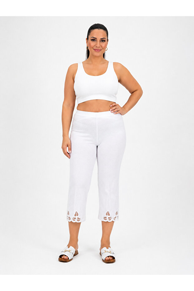 Plus Size Elastic Waist Lycra Tube Leg Embroidery Detailed Thin Viscose Women's Leggings