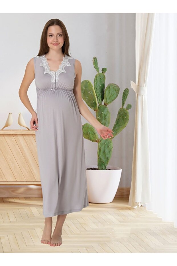 Dvina Maternity Nightgown with Straps - Gray