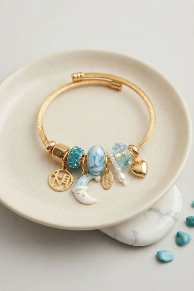 Moon and Heart Blue Charm Women's Bracelet