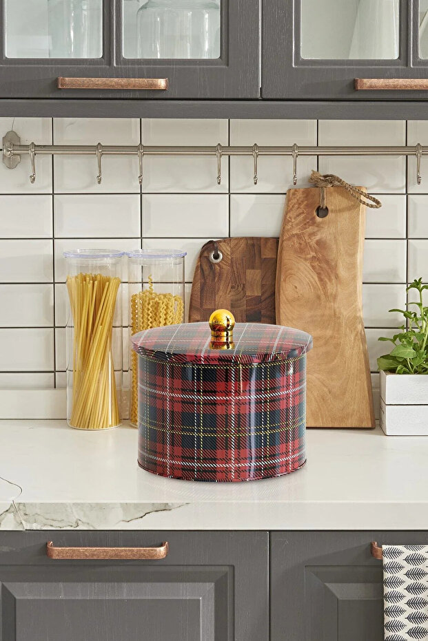 Plaid Patterned Metal Storage Container, 17.5 Cm, Kitchen Organizer, 500-999 ml