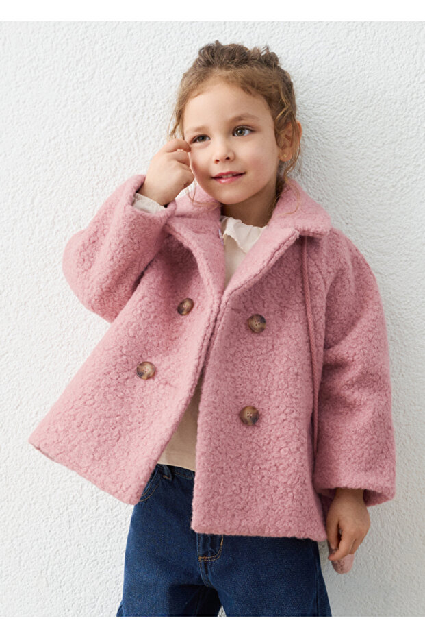 Double-Breasted Boucle Textured Coat with Bag 4411