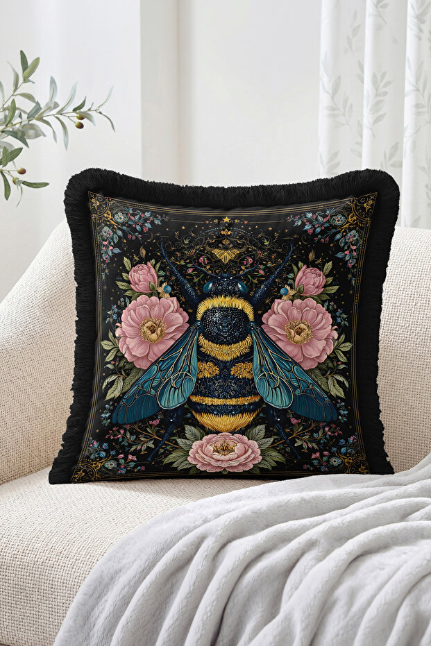 Fringed Throw Pillow Cover with Bee Figure and Floral and Leaf Motifs - Bohemian Retro Tassel Pillowcase