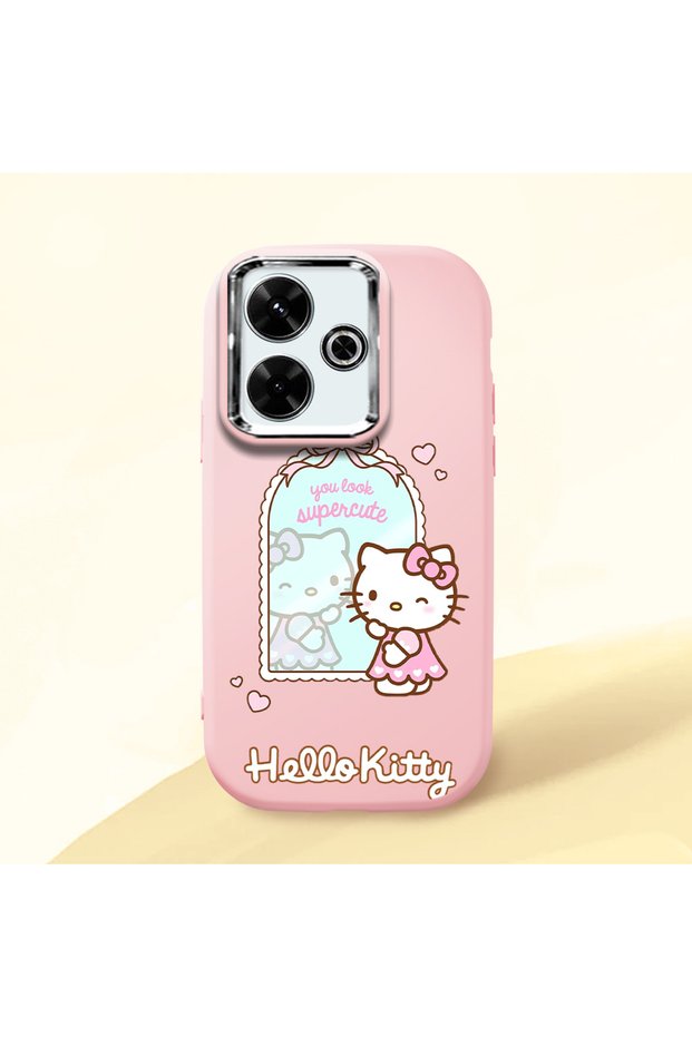 Poco M6 Compatible Case Camera Protector Pink Silicone Couple Phone Case with Kitty Pattern