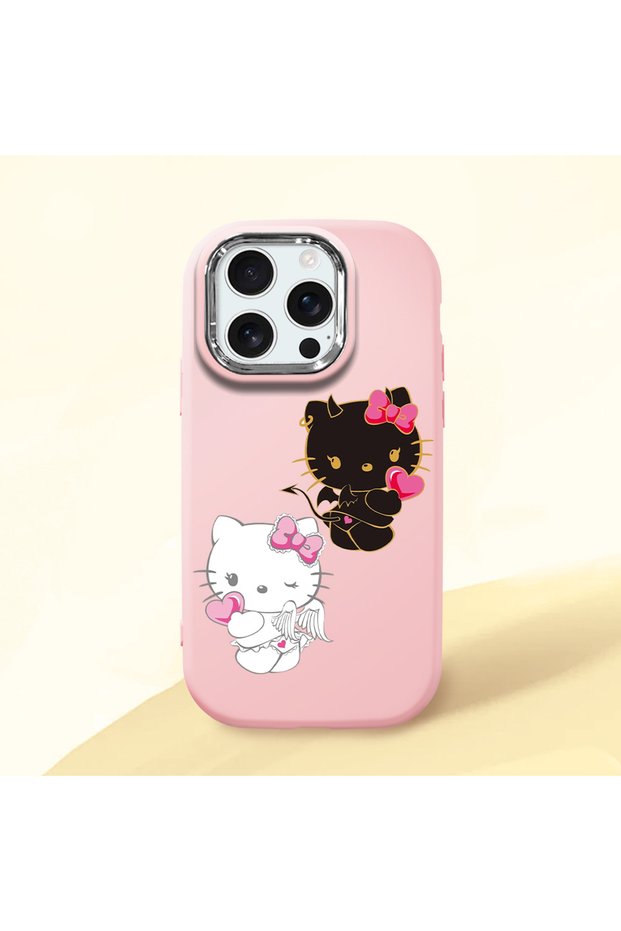 iPhone 16 Pro Compatible Case with Camera Protector Pink Silicone Couple Phone Case with Kitty Pattern