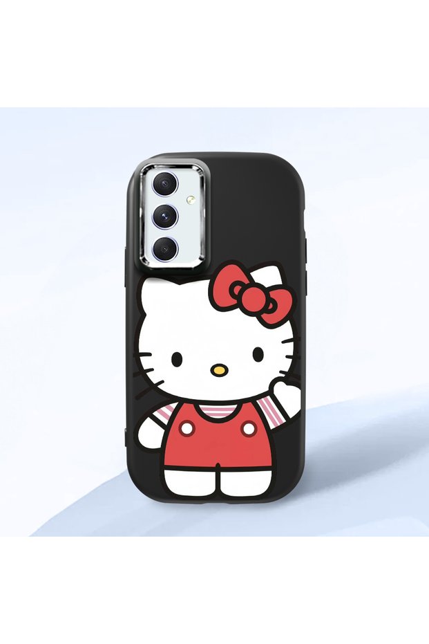 Samsung Galaxy A54 Compatible Case Camera Protector Black Silicone Couple Phone Case with Kitty Pattern