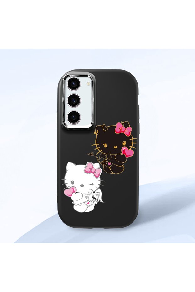 Samsung Galaxy S23 Compatible Case with Camera Protection Black Silicone Couple Phone Case with Kitty Pattern
