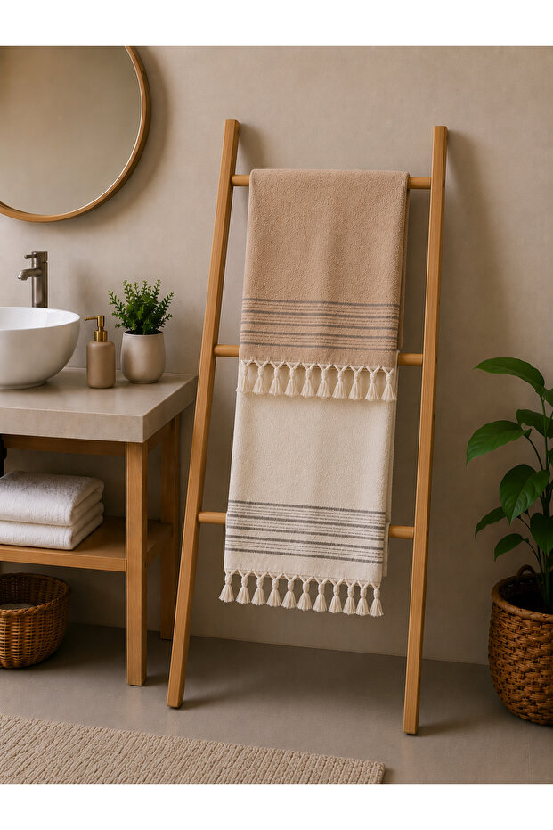 2-Pack 100% Cotton Bath Towels with Tassels Beige-Brown (40X140 cm)