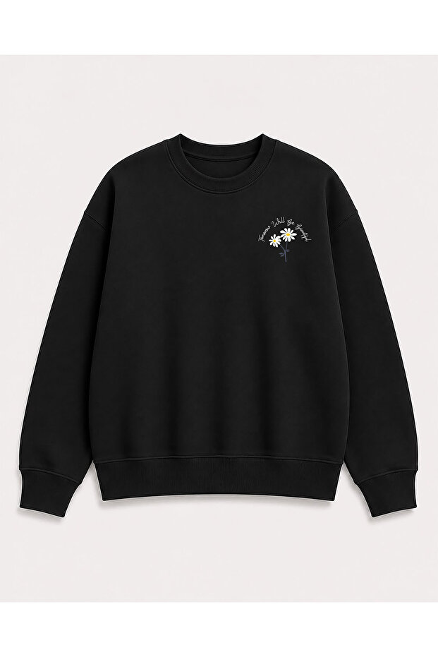 Daisy Print Detailed Crew Neck 2 Thread Sweatshirt