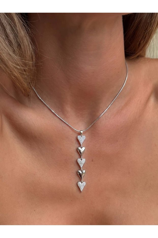 Women's Silver Color Stone Heart Steel Y Necklace