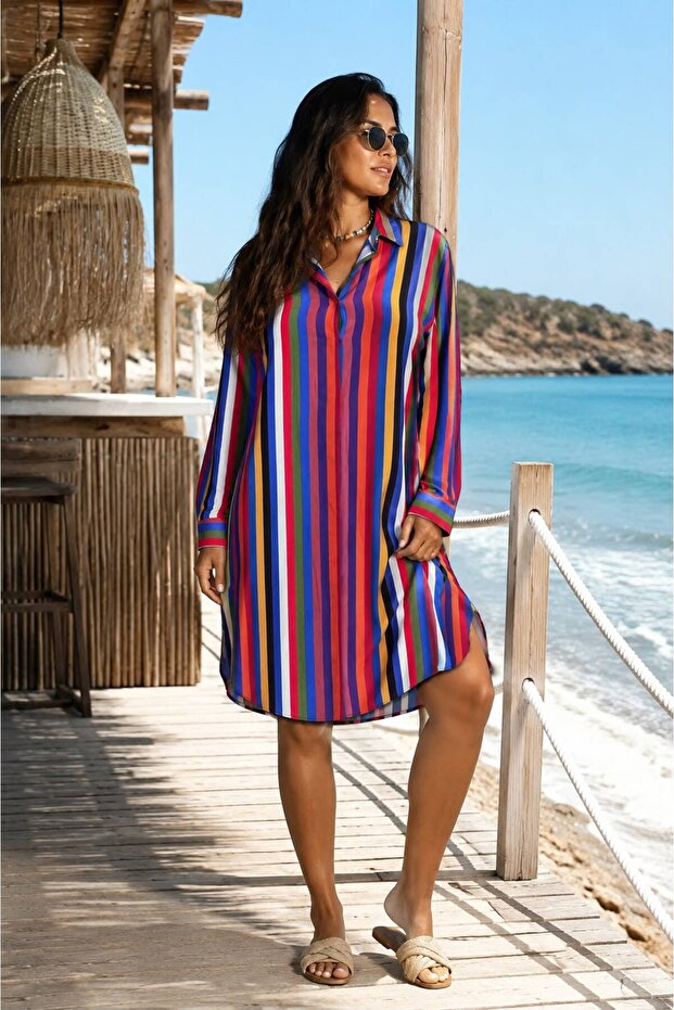 Colorful Striped Shirt Collar Long Sleeve Beach Dress